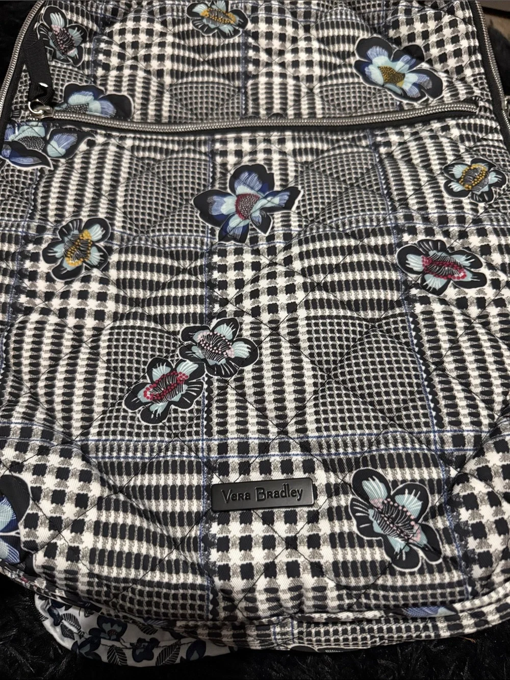 Vera Bradley Black & White Plaid Quilted Backpack with Blue Floral Accents